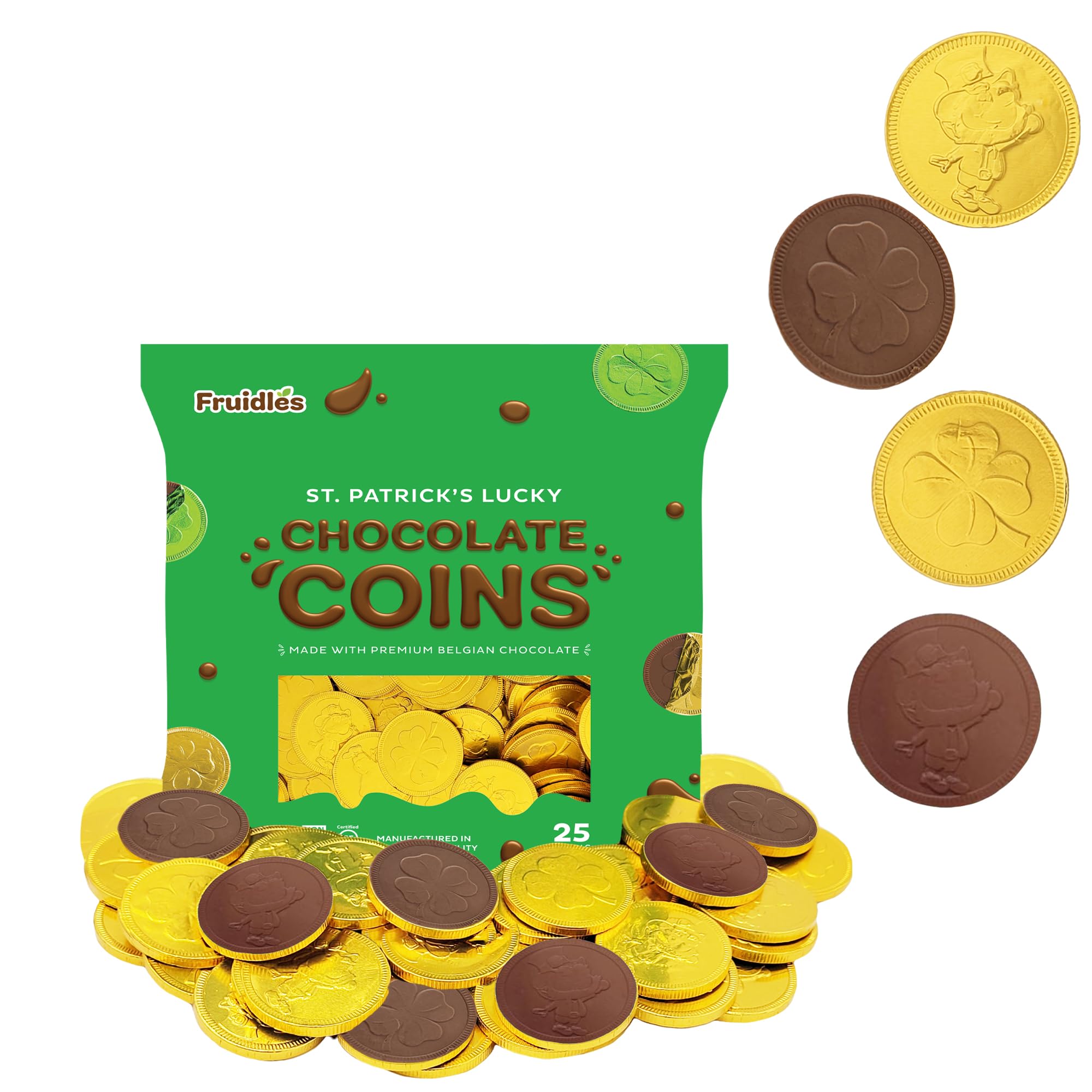 St. Patrick's Day 25 Milk Chocolate Coins Lucky Gold Coins Foils, Shamrock Clover Leprechaun Premium Belgian Milk Chocolate Coins Bag Nut-Free (25-Pack)