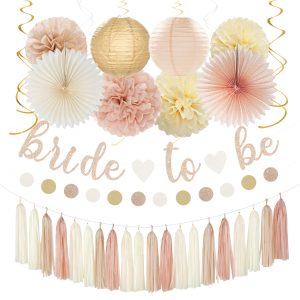 Champagne-Gold Beige Fall Bridal-Shower Party-Decorations - 36pcs Bride To Be Banner,Bachelorette Paper Lanterns,Wedding Streamers Garland,Boho Peach Tissue Pom Poms Flower Fan Decor Supplies Burgleda