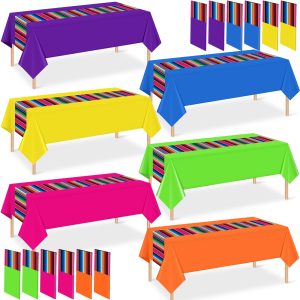 12 Pcs Mexican Fiesta Plastic Tablecloth, Rectangle Disposable Table Cloth Striped Table Cover for Cinco De Mayo Taco Night Fiesta Party Decoration, Mexican Wedding Birthday Home Decor, 108 x 54 Inch