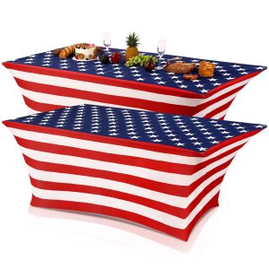 Oudain 2 Pcs Veterans Day Stretch Table Cover 6 ft American Flag Tablecloth