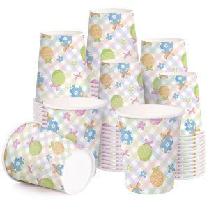 WRAPAHOLIC 9oz Easter Paper Cups - 50 Pack Colorful Eggs Plaid Disposable Cup, Coffee Cup, Hot/Cold Beverage Drinking Cups for Water Juice, Perfect for Baby Shower and Easter Party Supplies