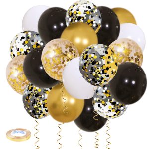 Zesliwy Black Gold Confetti Balloons 50 pack - 12 Inch Gold White and Black Confetti Balloons with Ribbons for…