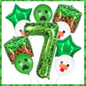 FJZEPIN 40 Inch Giant Green Pixel Miner Themed Number Foil Balloons, Mining Green Birthday Party Decorations Bundle 0-9 Optional Kids Anniversary Balloon Party Supplies (Number 7)