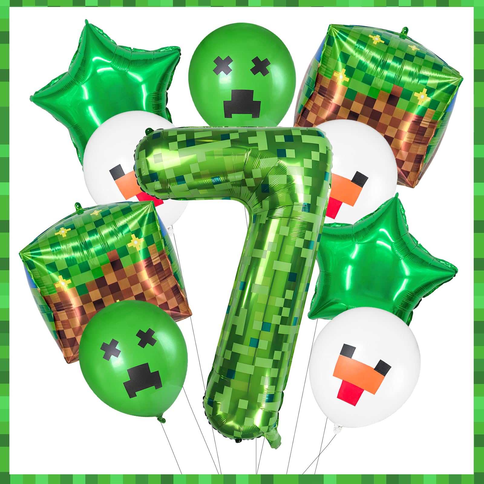 FJZEPIN 40 Inch Giant Green Pixel Miner Themed Number Foil Balloons, Mining Green Birthday Party Decorations Bundle 0-9 Optional Kids Anniversary Balloon Party Supplies (Number 7)