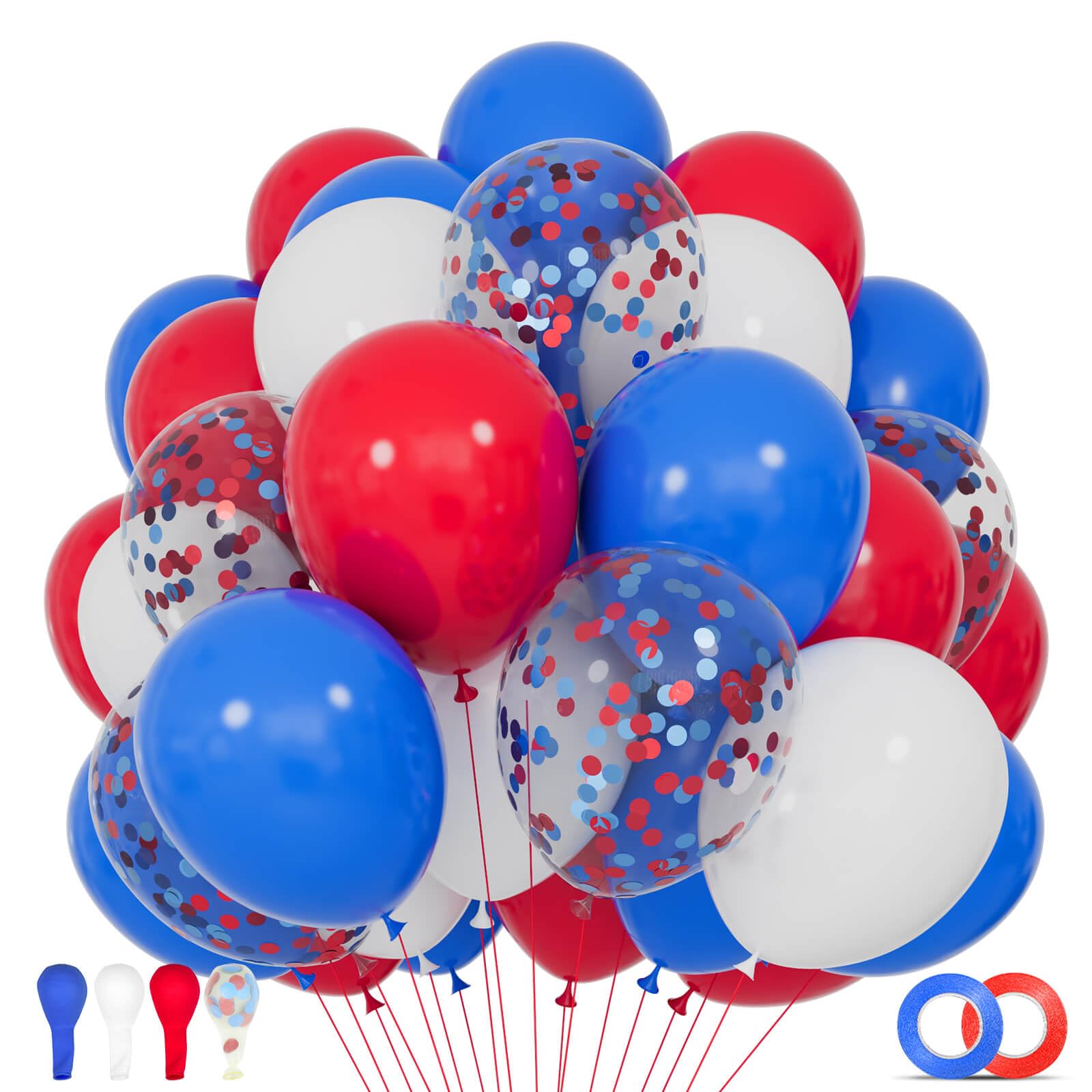 KUULBELA Red White Blue Latex Balloons 68 Pack, 12 Inch Patriotic Balloons with Confetti, Party Decorations for 4th of July, Independence Day, Graduation, Birthday, Air Helium Fill.
