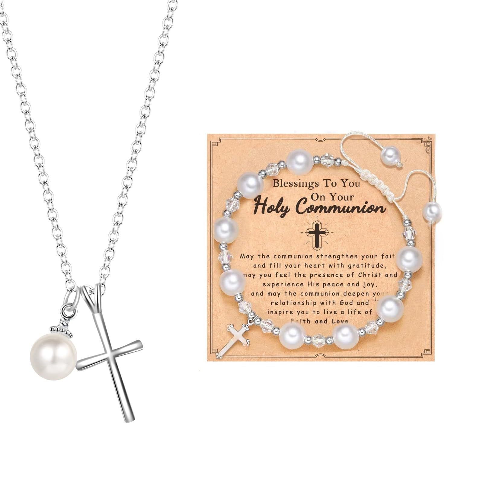 FJHAIY First Communion Gifts Baptism First Holy communion Cross Necklace&Cross Bracelets Christian Gifts Easter Gifts (First Holy Communion)