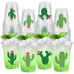 50 Pcs 12OZ Cactus Plastic Cups, Fiesta Birthday Cups Disposable Cactus Clear Print Cinco de Mayo Plastic Cup Juice Soda Beverage Taco Party Favors For Mexican Theme Party Supplies