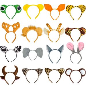 Flying Childhood 16Pcs Jungle Animal Ears Headbands as Safari Party Favors Wild One Birthday Decorations Plush Animal Headpiece for Kids Adults