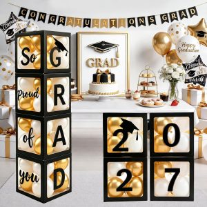 2027 Graduation Decoration Black Balloon Boxes with Letters 2027 Grad & So Proud of You and 20 pcs Ballons-Graduation Party Decoration Supplies for High School & College Celebrations