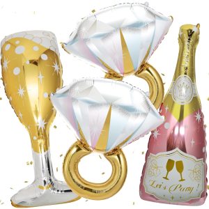 4 Pcs Bachelorette Balloons, Huge Rose Gold Champagne Bottle Diamond Ring Goblet Aluminum Foil Balloons for Bachelorette Party, Bridal Shower, Wedding, Engagement Party Decorations Supplies