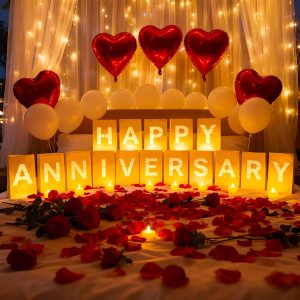 Peledic Happy Anniversary Light Up Letters, Include Light up Letters, with Tea Lights Candles, Latex Balloons, Aluminum Balloons and Rose Petals, Anniversary and Valentines' Day Decorations for Women