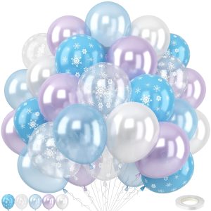 Pearl Purple and Blue Balloons 50pcs, Winter Wonderland Pearl Purple Blue White Iridescent Balloons with Snowflake Balloon for Girls Kids Ice Snow Theme Party Birthday Winter Baby Shower Decorations