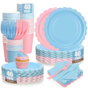 200Pcs Pink and Blue Party Plates and Napkins, 9’’and 7’’ Disposable Scalloped Paper Plates Cups Napkins Forks Set Party Supplies for Birthday, Baby Shower, Gender Reveal Party Decorations, Serves 40