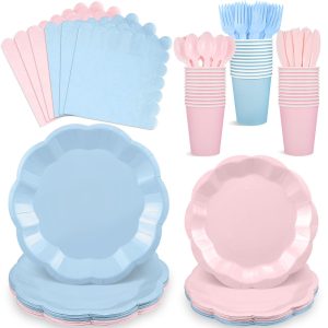 175 Pcs Baby Gender Reveal Plates and Napkins Set, 25 Guest Boy or Girl Gender Reveal Party Supplies Include Light Pink and Light Blue Plates Napkin Cup Plastic Spoon Fork Knive for Baby Shower
