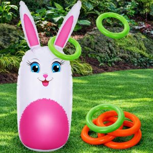 ArtCreativity 34” Easter Games Bunny Inflatable Ring Toss with 6 Rings, Easter Games for Kids - Weighted Bottom to Keep Rabbit Upright - Family Outdoor Easter Party Games for Kids and Adults