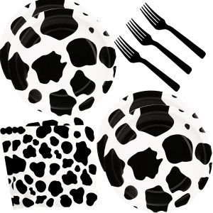 60pcs Cow Print Party Supplies - Cow Themed Tableware Set with 7" Paper Plates, Napkins & Forks for Kids Birthday Party (Serves 20)