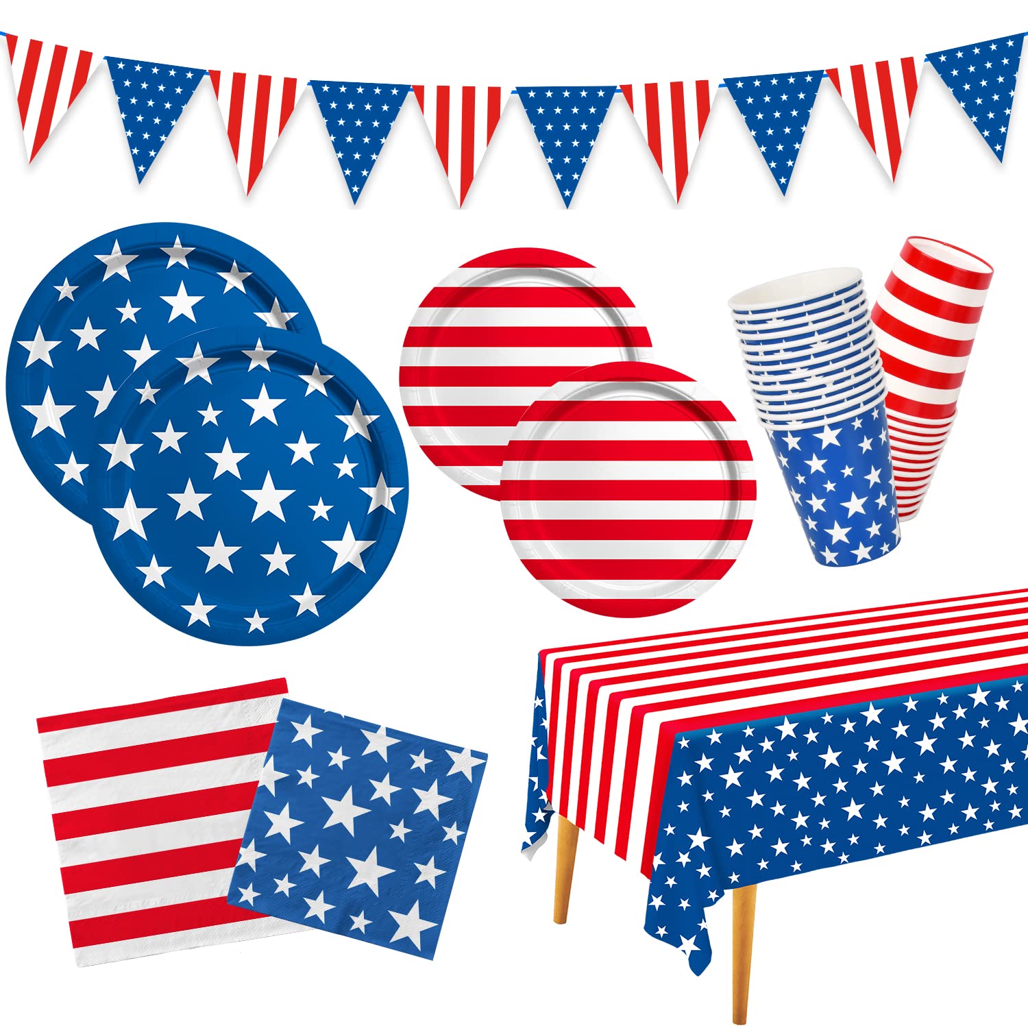 4th of July American Flag Patriotic Party Supplies Disposable Paper Plates Napkins Cocktail Napkins Cups Tablecloth and Banner for Election Day 4th of July Independence Day Decorations, Serve 25