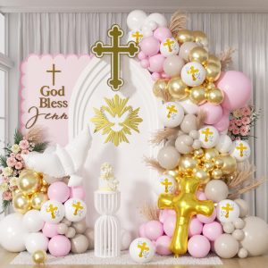 PTGOLUO First Communion Balloon Garland Kit 153Pcs, Girl Baptism Balloon, First Holy Communion Decorations, Different Size Pink Gold White Balloon for First Holy Communion Baptism Theme Party Decor