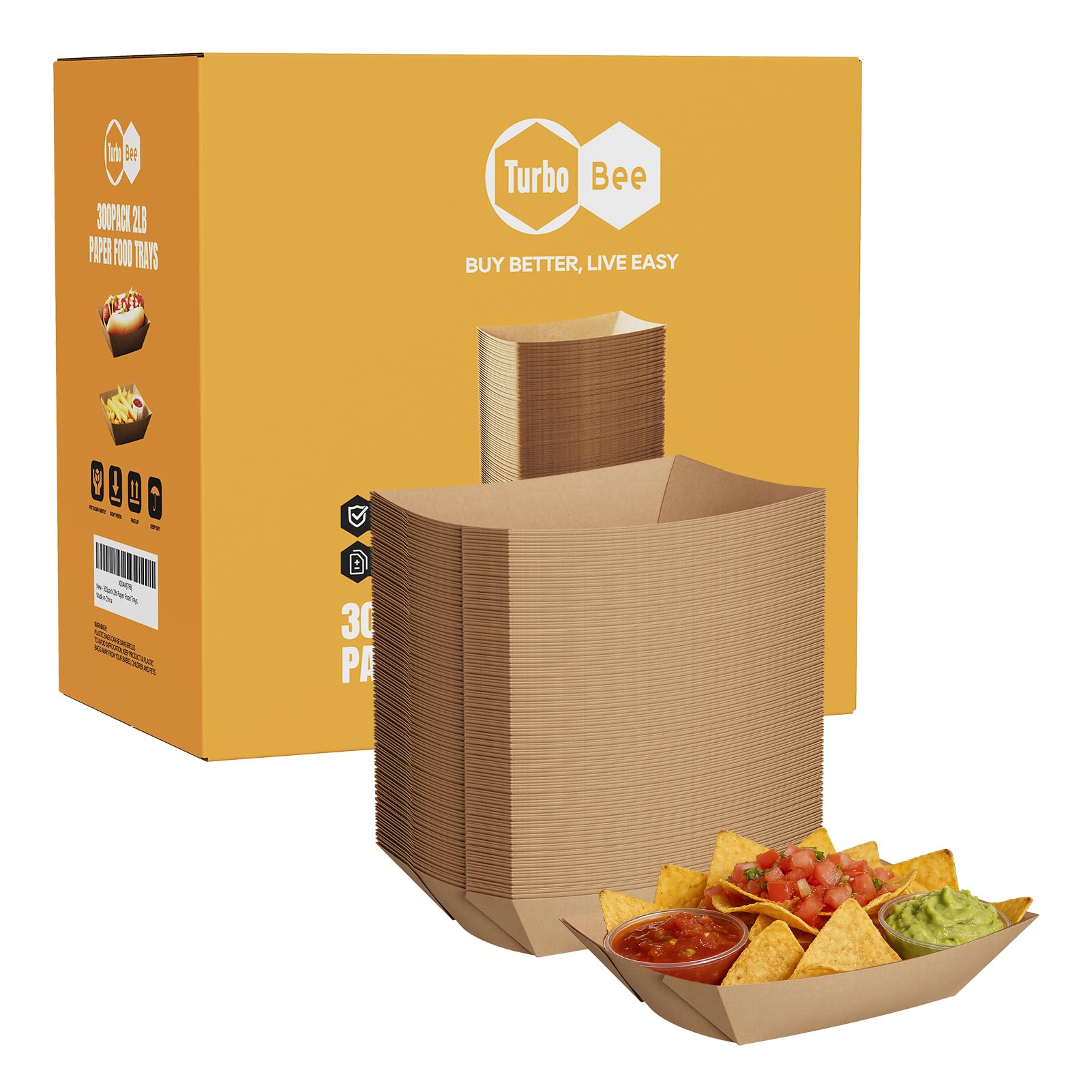 Disposable Paper Food Trays 2lb, 300 Pack Bulk Brown Paper Boats - Heavy Duty Serving Trays for Fries, Tacos, Popcorn, Hot Dogs - Great for QSR Managers, Busy Families, Events
