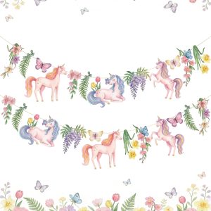 Unicorn Party Decorations Wildflower Garland Unicorn Birthday Banner Butterfly Banner 2Pcs for Girls Birthday Baby Shower Garden Party Spring Summer Reusable Garland Decor