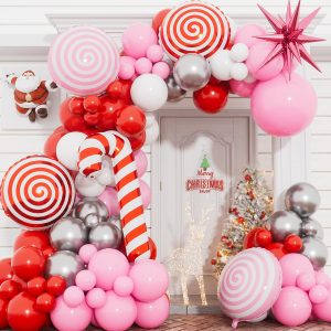 Haolongfa Christmas Balloon Garland Arch Kit, Red Pink Silver White Balloon