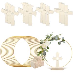 24 Pcs Baptism Centerpiece Decoration for Tables First Communion 12 Standing Wood Crosses for Craft 12 Metal Floral Hoop Centerpiece with Stand for Party Wedding Home Decor