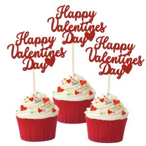 24 PCS Happy Valentine's Day Cupcake Toppers Glitter Sweet Love Be Mine Valentines Cupcake Picks Valentine's Day Theme Birthday Party Cake Decorations Supplies Red