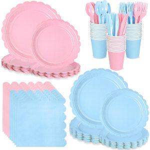 168 PCS Light Pink and Blue Scalloped Plates and Napkins, Pink Disposable Plates Set with Napkins Cups Plastic Spoons Forks Knivesfor Baby Shower Gender Reveal Birthday Party Supplies Serve 24 Guests