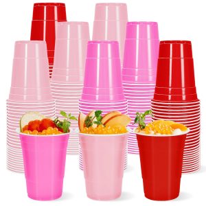 Whaline 60 Pcs Valentine's Day Plastic Cups 16 Oz Drinking Cups Pink Red Disposable Cup for Wedding Birthday Strawberry Cherry Party Supplies