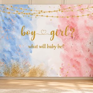 MEHOFOND 5x3ft Blue Pink Gender Reveal Backdrop Boy or Girl Party Decoration Photography Background Watercolor Rose Gold and Navy Blue He or She Pregnancy Reveal Surprise Party Photoshoot Banner