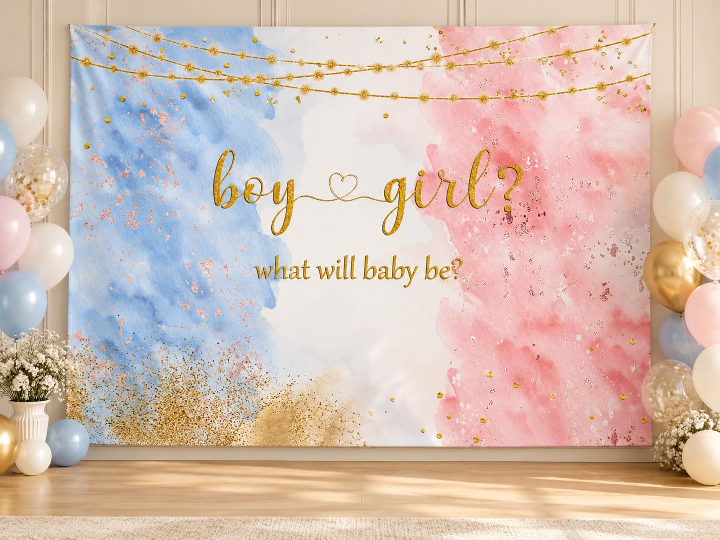 MEHOFOND 5x3ft Blue Pink Gender Reveal Backdrop Boy or Girl Party Decoration Photography Background Watercolor Rose Gold and Navy Blue He or She Pregnancy Reveal Surprise Party Photoshoot Banner
