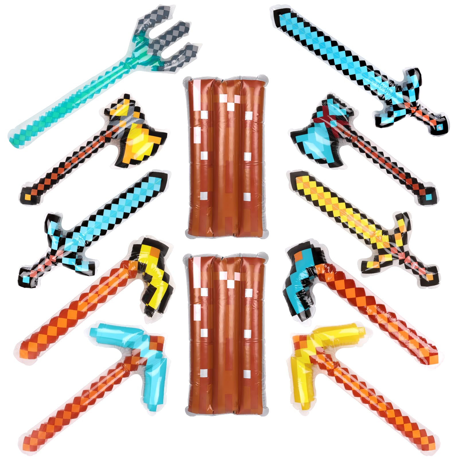 CCINEE 12PCS Inflatable Pixel Weapon Bulk Diamond Swords Axe Pickaxe Trident Shields For Cosplay Birthday Swimming Pool Beach Party Supplies