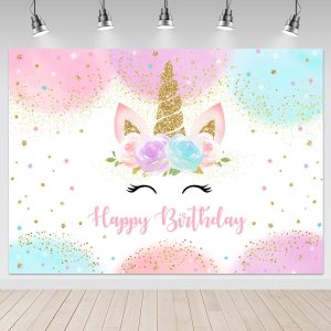 Mocsicka Unicorn Backdrop Birthday Decorations for Girls 5x3ft Pastel Rainbow Unicorn Happy Birthday Banner Party Decorations Photo Booth Props