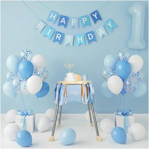 Bapukzy First Birthday Decorations for Boy - Complete Party Set with High Chair Banner, Number 1 Balloon, One Cake Topper, Crown, Balloons & Birthday Banner(Blue)