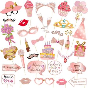 Pink Rose Gold Girl Birthday Photo Booth Props - 33 Pcs Girl Birthday Party Decorations, Sweet 16 Princess Theme Selfie Props Kit with Sticks, Compact Selfies Size