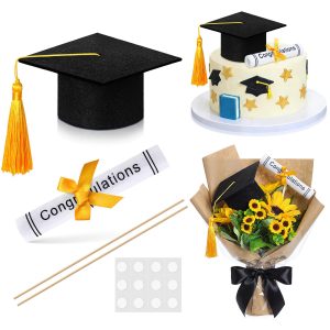 Breling Black and Gold Graduation Cap Cake Topper Diploma Centerpiece Stick