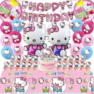 49Pcs - Kitty Birthday Party Decorations Set, Pink Theme with Banner, Balloons, Tablecloth, Cake Toppers..。