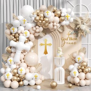 PTGOLUO First Communion Balloon Garland Kit 153Pcs, Baptism Balloon, White Sand Gold Nude Bautizo Balloons Arch Kit for First Holy Communion Baptism God Bless Christening Party Birthday Supplies