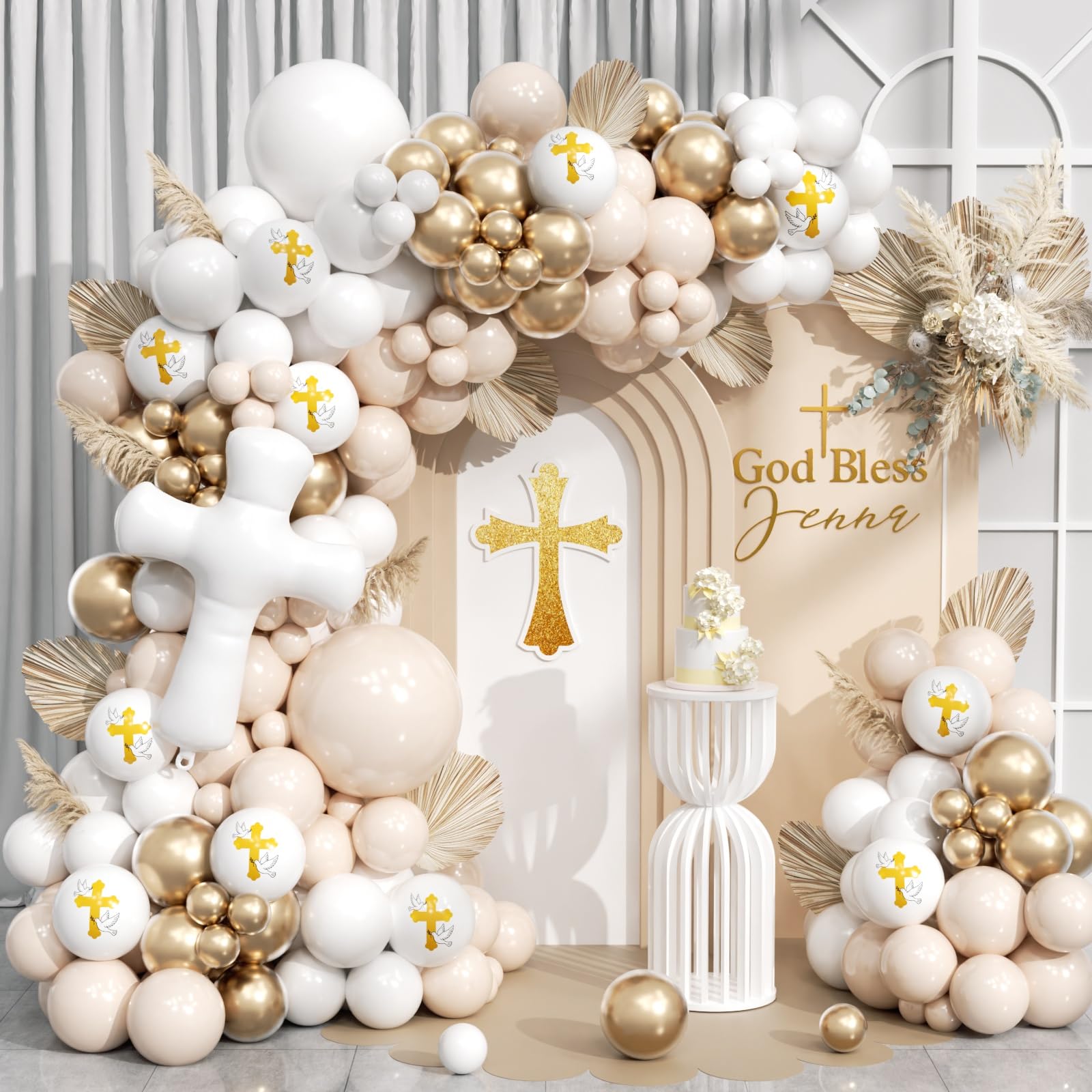 PTGOLUO First Communion Balloon Garland Kit 153Pcs, Baptism Balloon, White Sand Gold Nude Bautizo Balloons Arch Kit for First Holy Communion Baptism God Bless Christening Party Birthday Supplies