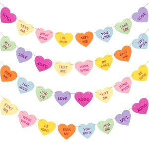 Whaline Valentines Conversation Heart Banner with 32Pcs Hearts 32.8Ft Candy Color Heart Sayings Pre-Strung Garland Banner for Anniversary Wedding Birthday Party Valentines Decor (2 Strings)