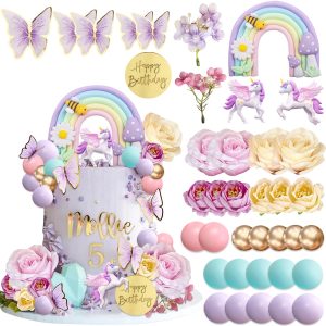 UFROMSKY 38pcs Unicorn Cake Toppers Rainbow Cake Decorations, Flower Birthday Decor with Butterflies and Mini Balls for Boys and Girls Unicorn Theme Party Supplies