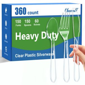 Clawsoff 360 Count Clear Plastic Silverware, Heavy Duty Disposable Cutlery