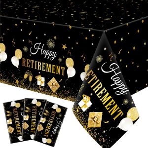 Ganeen 3 Pcs Black Gold Retirement Tablecloths Disposable 54x108 Inch