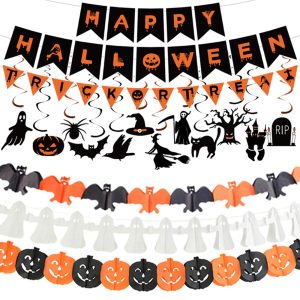 Halloween Decorations Indoor Party Decor, HAPPY HALLOWEEN Accessories with TRICK OR TREAT Banner, 3 PCS Large Garland Bat Ghost Pumpkin, Hanging Party Supplies Backdrop for Home Office Classroom