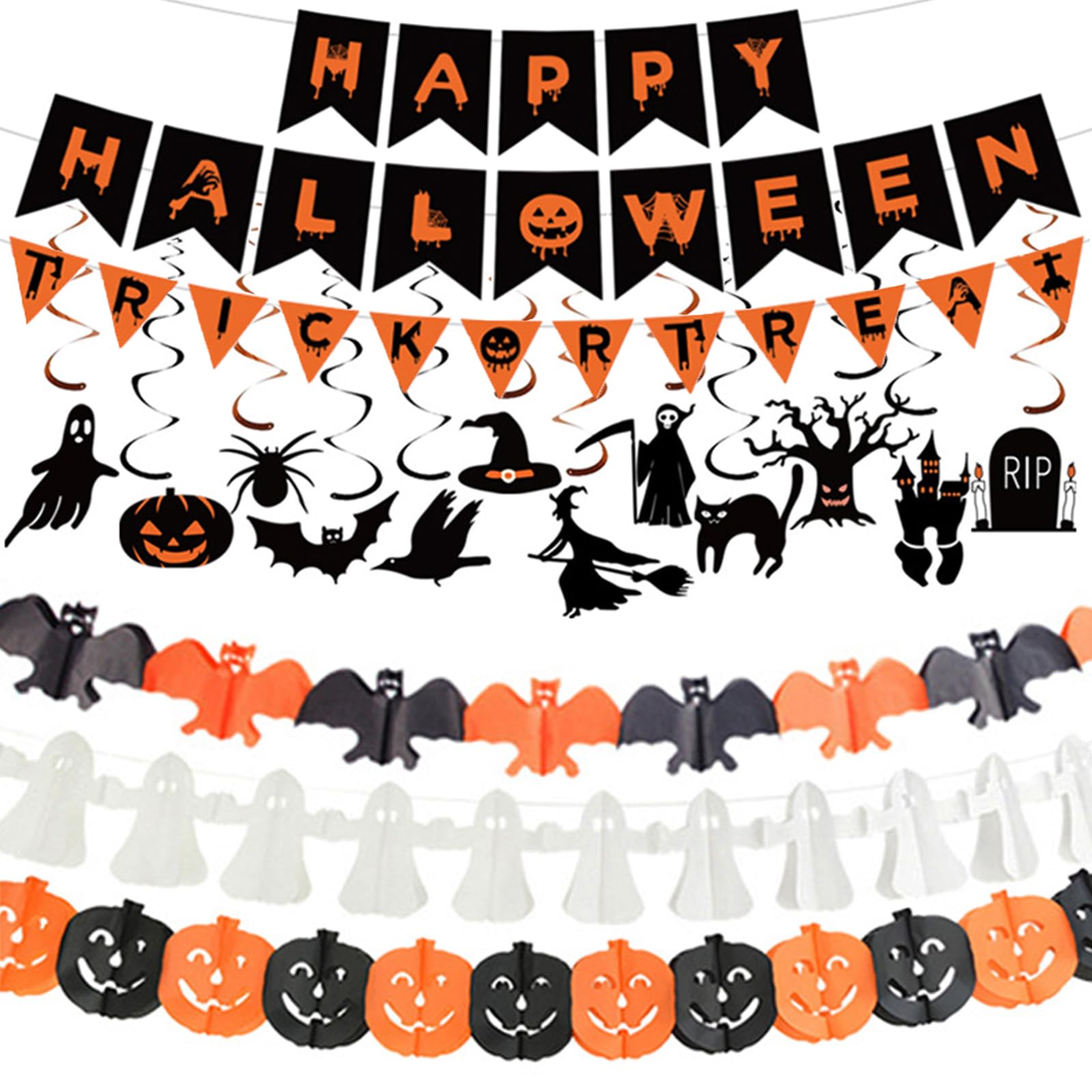 Halloween Decorations Indoor Party Decor, HAPPY HALLOWEEN Accessories with TRICK OR TREAT Banner, 3 PCS Large Garland Bat Ghost Pumpkin, Hanging Party Supplies Backdrop for Home Office Classroom