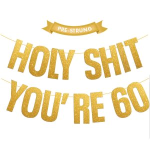Pre-Strung 60th Birthday Decorations Banner for Women Men, Gold, Glitter