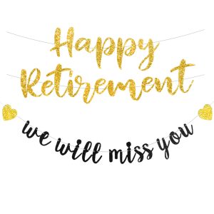 Pre-strung Happy Retirement & We will miss you Banner, Pre-strung on 8 ft Strand Black Gold Glitter Retirement Party Decorations Sign, Going Away Party Farewell Party Supplies and Gifts for Coworker, Men Women