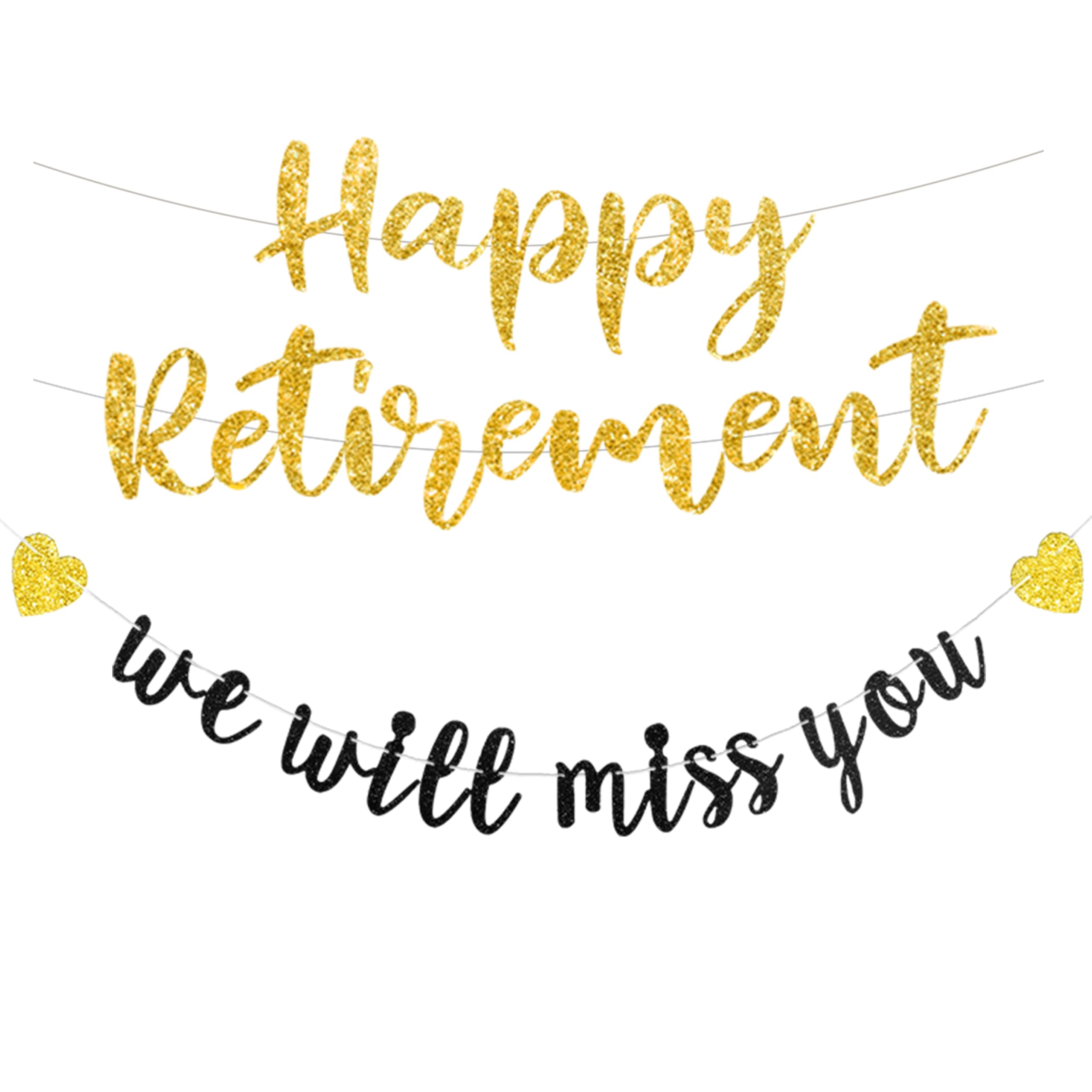 Pre-strung Happy Retirement & We will miss you Banner, Pre-strung on 8 ft Strand Black Gold Glitter Retirement Party Decorations Sign, Going Away Party Farewell Party Supplies and Gifts for Coworker, Men Women