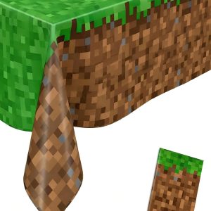Calmi Green Pixel Miner Tablecloth (Pack of 1) – 54.1"x108" Waterproof Gamer Birthday Party Table Cover for Boys & Girls – Video Game Party Decorations for Tables