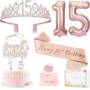 15th Birthday Decorations for Girls, Crown Sash Cake Topper Candle Set